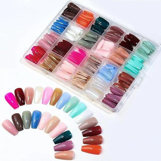 576 Artificial Nails Box - 24 ColorFul Reusable Fake Full Cover Nail Set - Acrylic Fancy French American