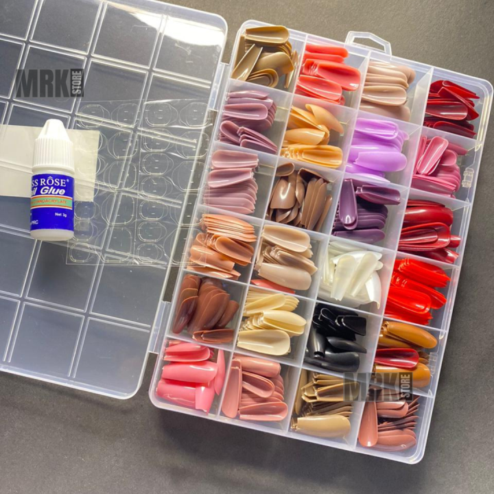 576 Artificial Nails Box - 24 ColorFul Reusable Fake Full Cover Nail Set - Acrylic Fancy French American